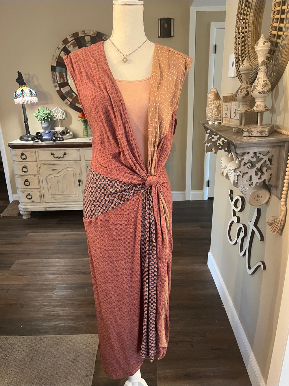 Free People Rust Multi-Pattern Knot Front Maxi Dress
